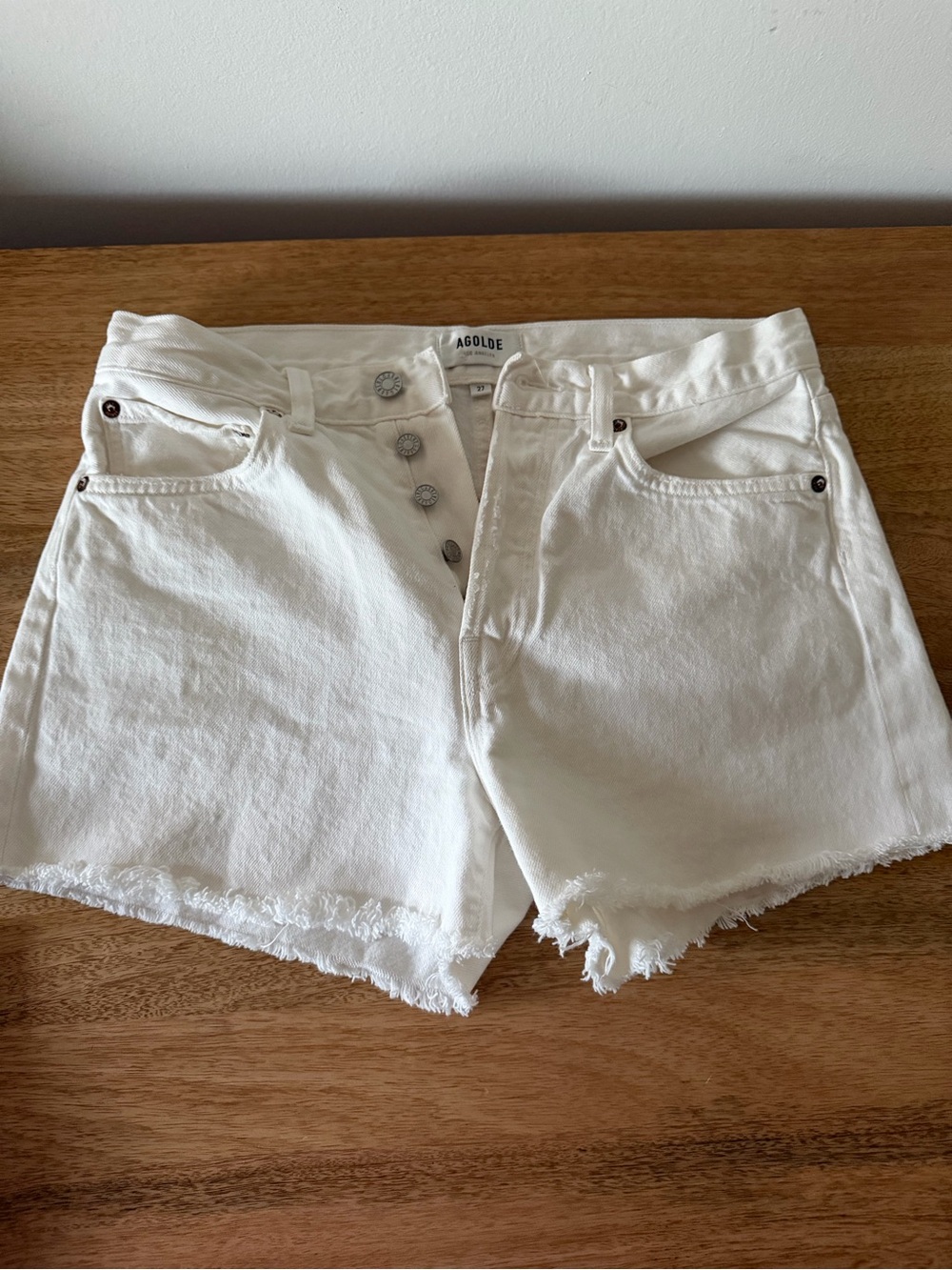 Agolde Parker White Frayed Hem High-Rise Denim Shorts